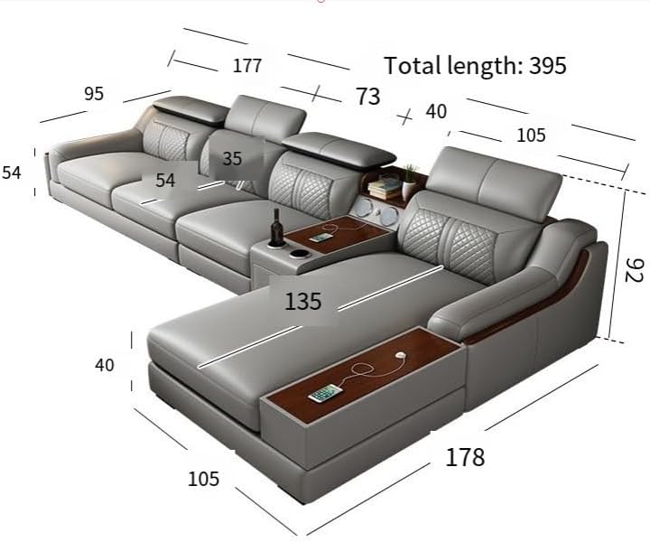 Modern Living Room Sofa Set, 5 Piece L-Shaped Corner Leather Sofa, Gray