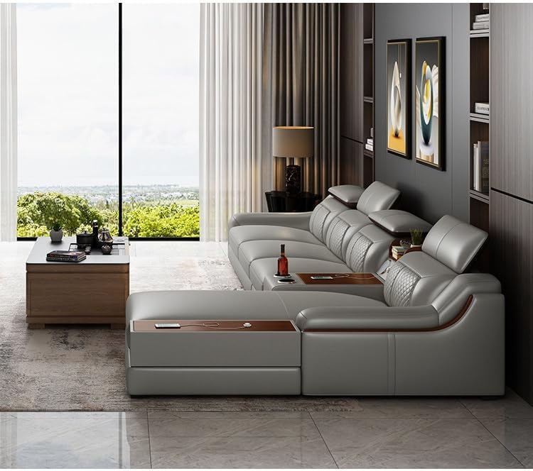Modern Living Room Sofa Set, 5 Piece L-Shaped Corner Leather Sofa, Gray