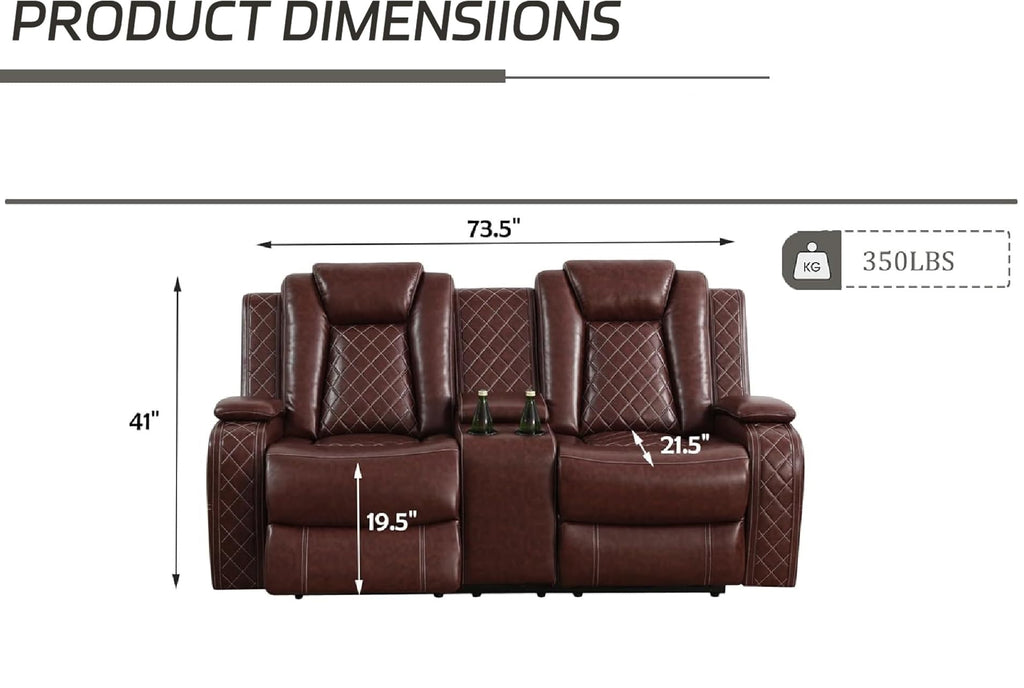 Power Recliner Set with LED Lights, Air Leather Reclining Set with USB Port/Wireless Charger/Storage Console/Cup Holder for House/HomeTheater/Apt (Black, Sofa Loveseat Chair)