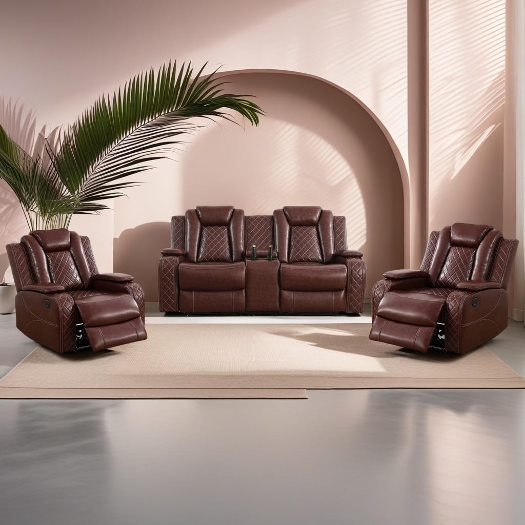 Power Recliner Set with LED Lights, Air Leather Reclining Set with USB Port/Wireless Charger/Storage Console/Cup Holder for House/HomeTheater/Apt (Black, Sofa Loveseat Chair)