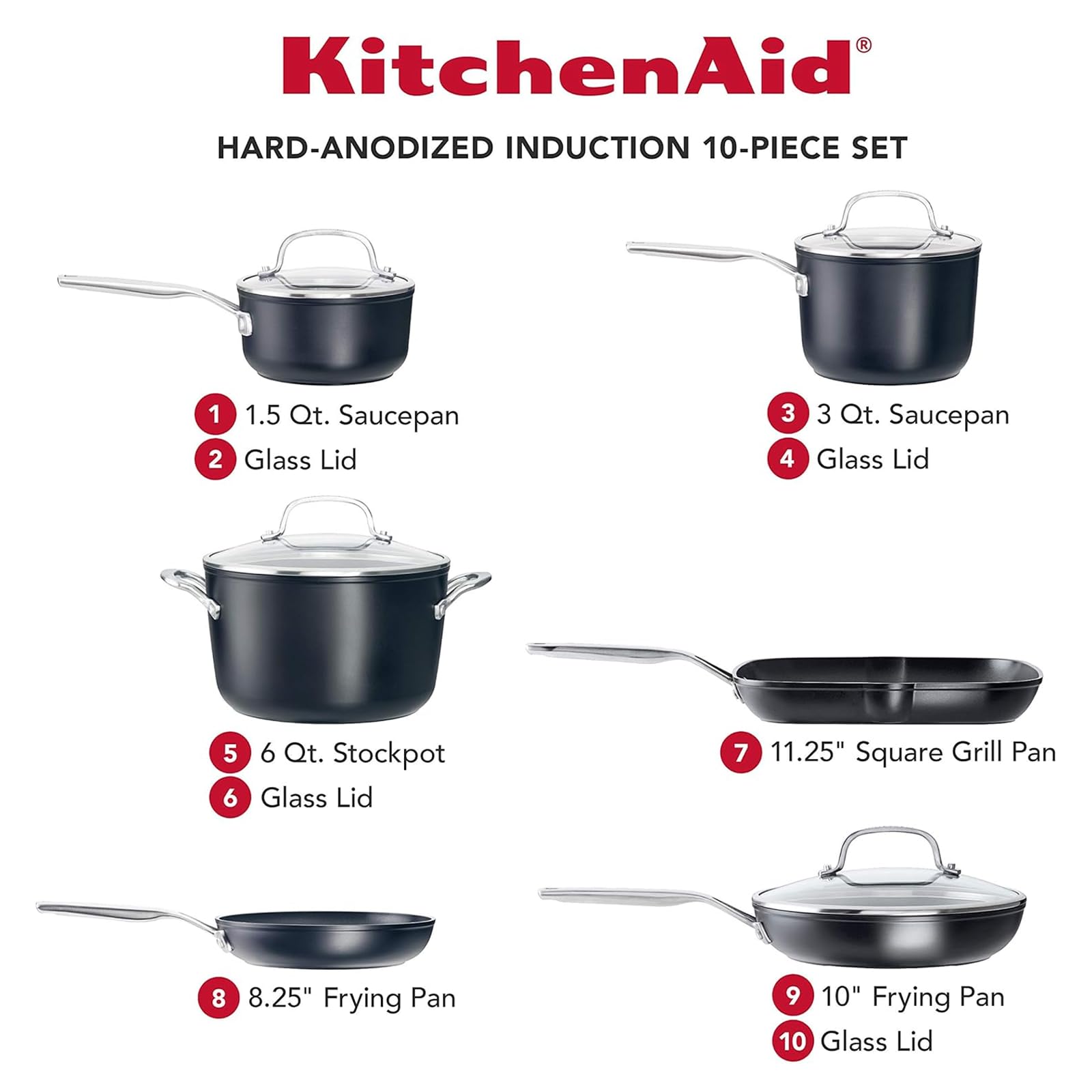 KitchenAid Hard-Anodized Induction Nonstick Cookware Pots and Pans Set, 10-Piece, Matte Black