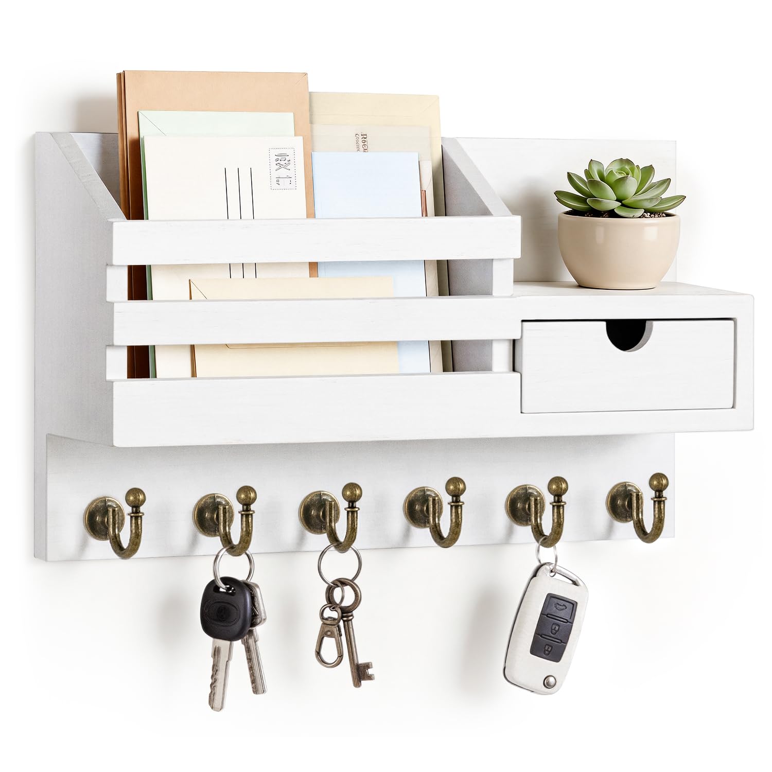 FifthQuarter Key and Mail Holder for Wall, Mail Organizer Wall Mount with 6 Hooks and Storage Drawer, Easy Installation Key Rack for Entryway and Home Decor (A-Black)