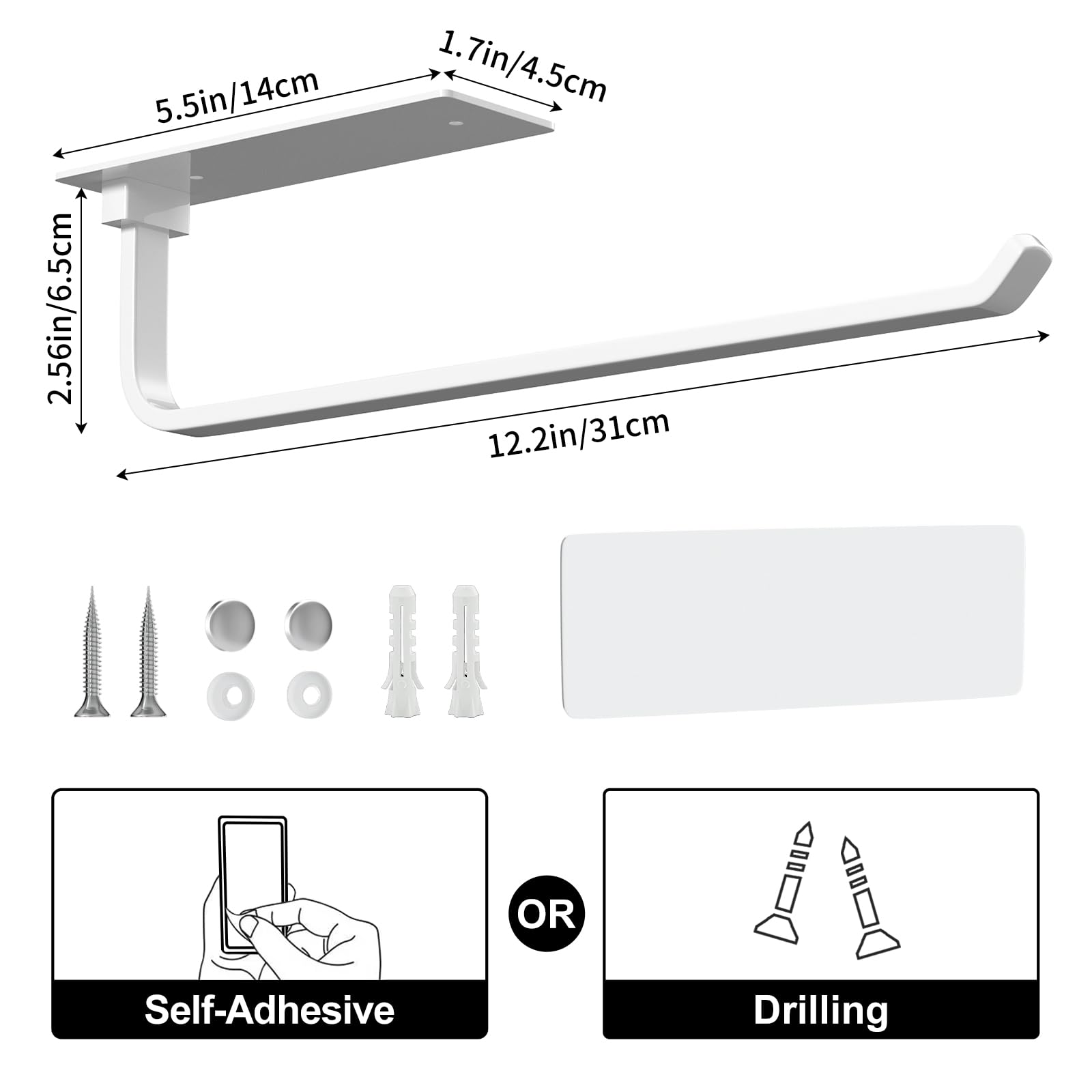 Paper Towel Holder - Self-Adhesive or Drilling, Matte Black, Upgraded Aluminum Kitchen Roll Dispenser Under Cabinet, Lighter but Stronger Than Stainless Steel!
