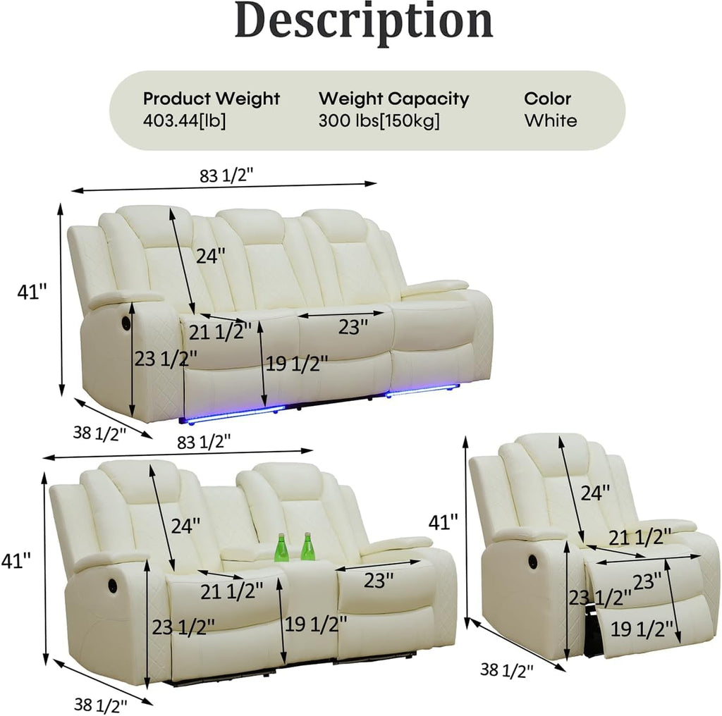 Power Recliner Set with LED Lights, Air Leather Reclining Set with USB Port/Wireless Charger/Storage Console/Cup Holder for House/HomeTheater/Apt (Black, Sofa Loveseat Chair)