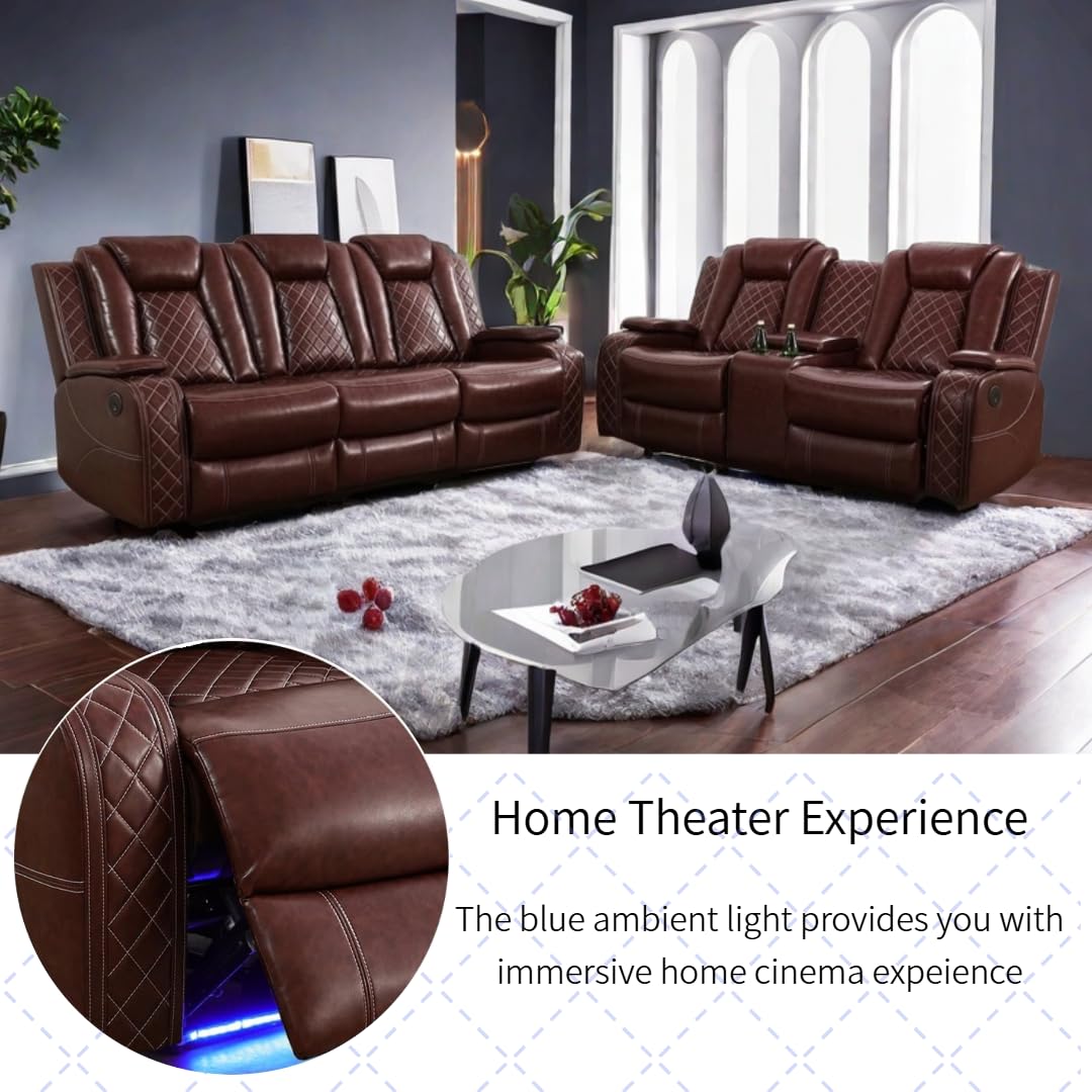 Power Recliner Set with LED Lights, Air Leather Reclining Set with USB Port/Wireless Charger/Storage Console/Cup Holder for House/HomeTheater/Apt (Black, Sofa Loveseat Chair)