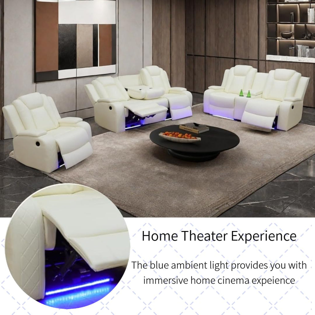 Power Recliner Set with LED Lights, Air Leather Reclining Set with USB Port/Wireless Charger/Storage Console/Cup Holder for House/HomeTheater/Apt (Black, Sofa Loveseat Chair)