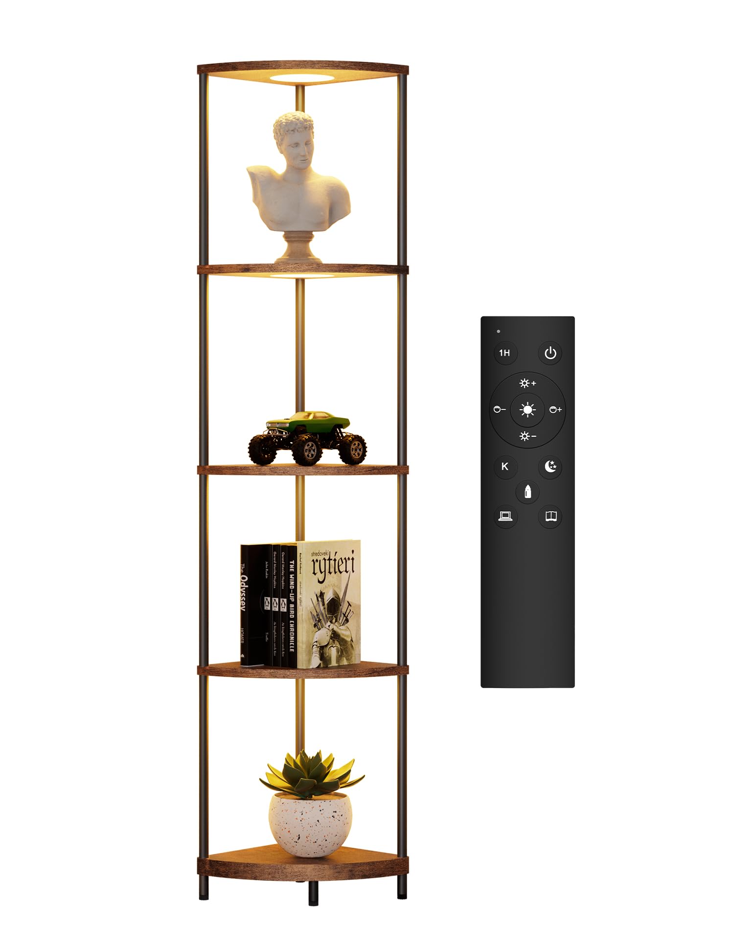 Corner Shelf with RGBCW LED Light, 64.5” Tall Floor Lamp Narrow Bookshelf Organizer, Standing Shelves with Metal Pole, Display Storage Rack for Wall Corner, Living Room, Bedroom, Office Décor, Black
