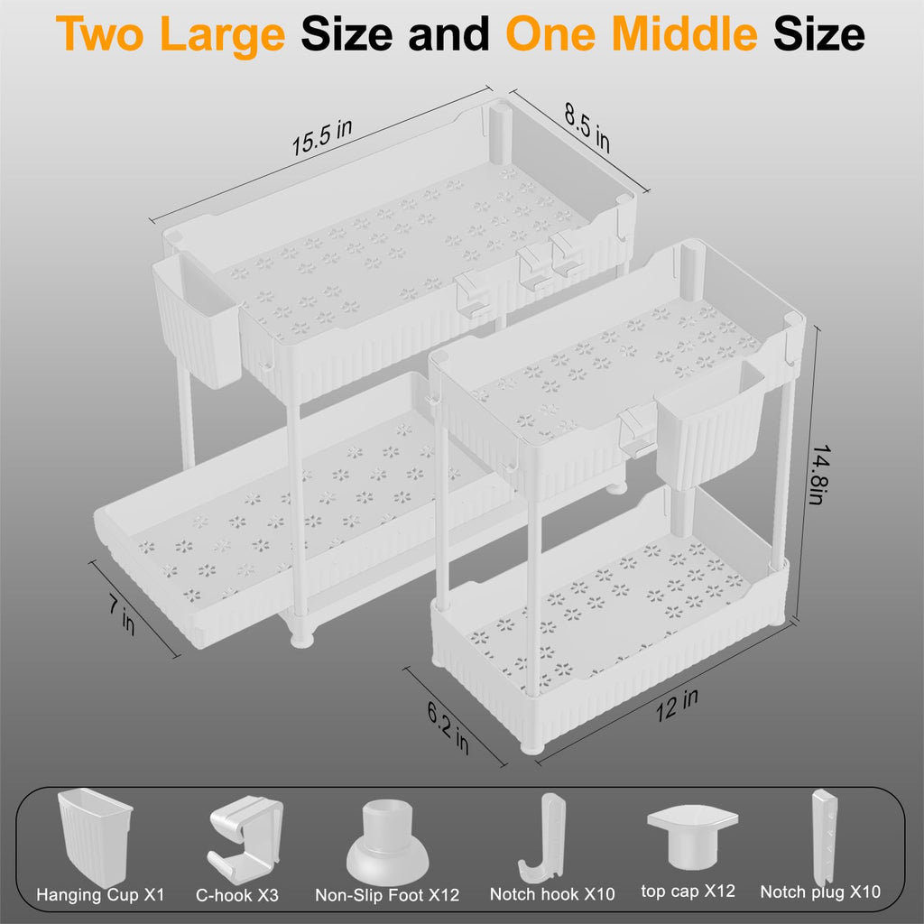 Sevenblue 3 Pack Under Sink Organizers,2-Tier Multi-Use Kitchen and Bathroom Organizers and Storage with Sliding Drawers,Bathroom Cabinet Organizer (Black, 12.8 Inch)