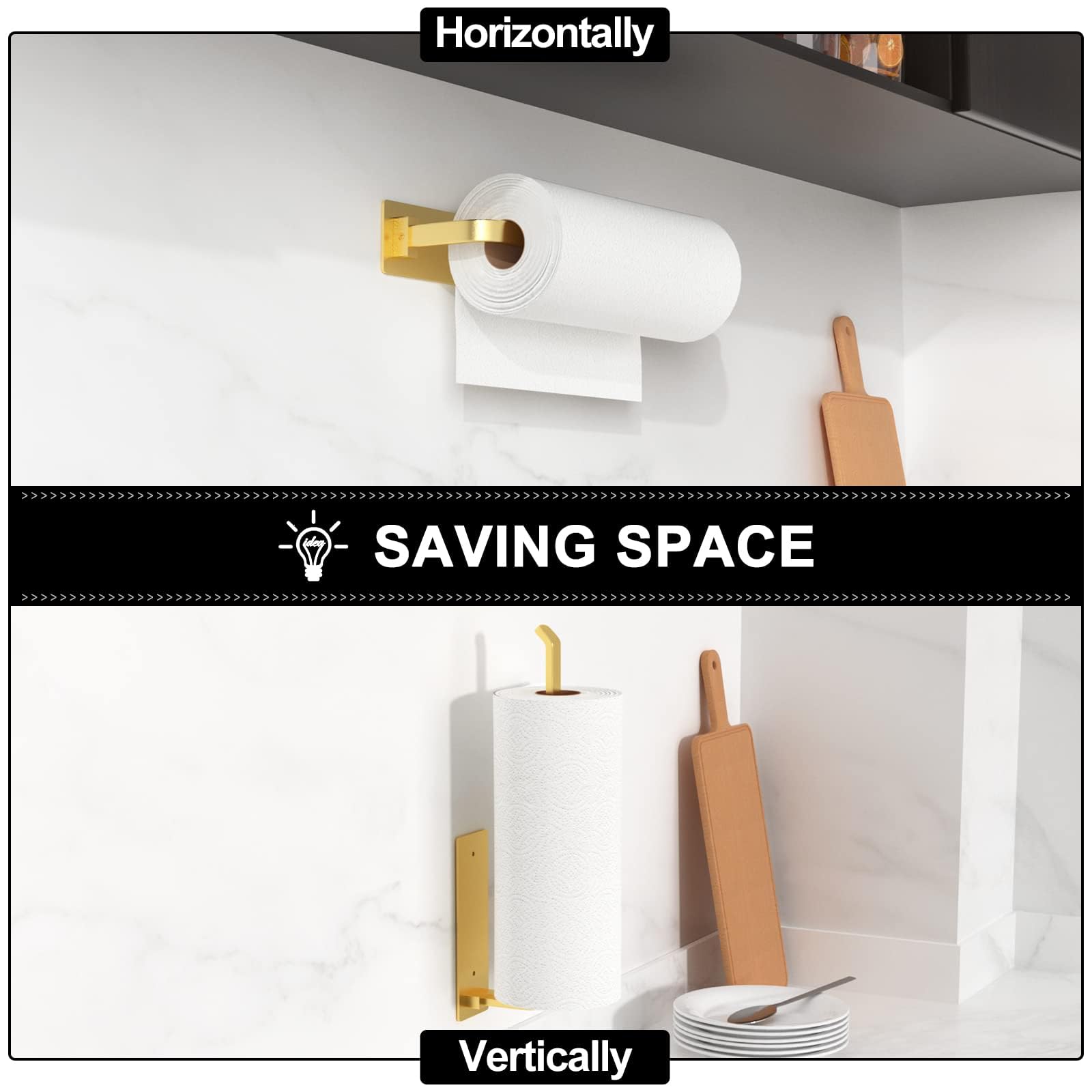 Paper Towel Holder - Self-Adhesive or Drilling, Matte Black, Upgraded Aluminum Kitchen Roll Dispenser Under Cabinet, Lighter but Stronger Than Stainless Steel!