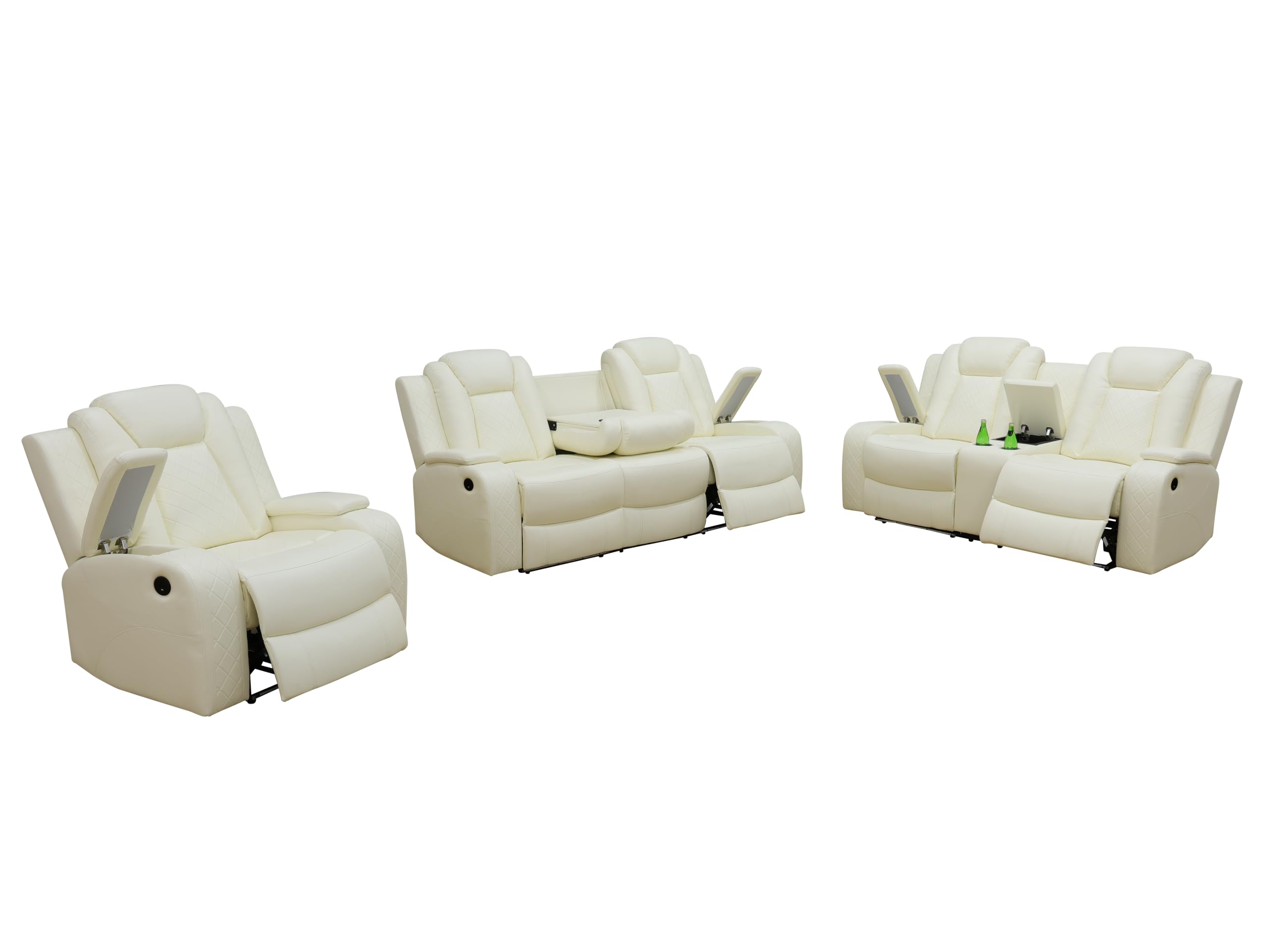 Power Recliner Set with LED Lights, Air Leather Reclining Set with USB Port/Wireless Charger/Storage Console/Cup Holder for House/HomeTheater/Apt (Black, Sofa Loveseat Chair)