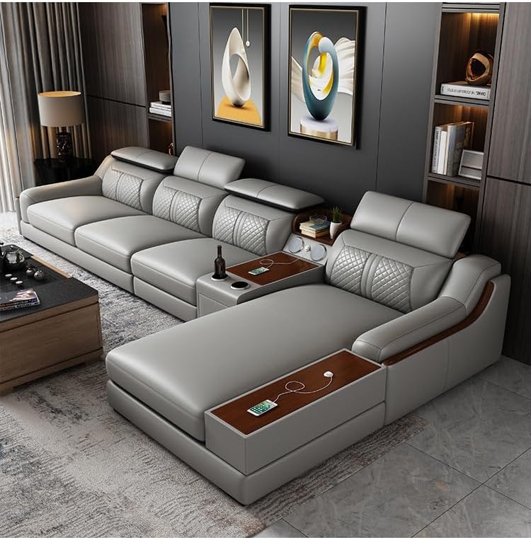 Modern Living Room Sofa Set, 5 Piece L-Shaped Corner Leather Sofa, Gray