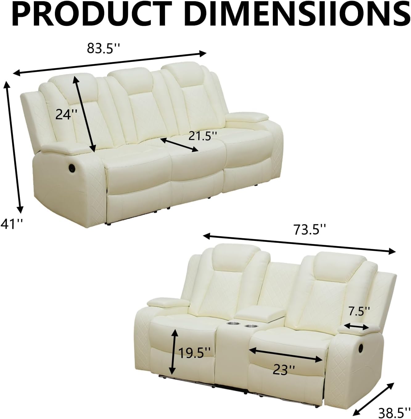 Power Recliner Set with LED Lights, Air Leather Reclining Set with USB Port/Wireless Charger/Storage Console/Cup Holder for House/HomeTheater/Apt (Black, Sofa Loveseat Chair)