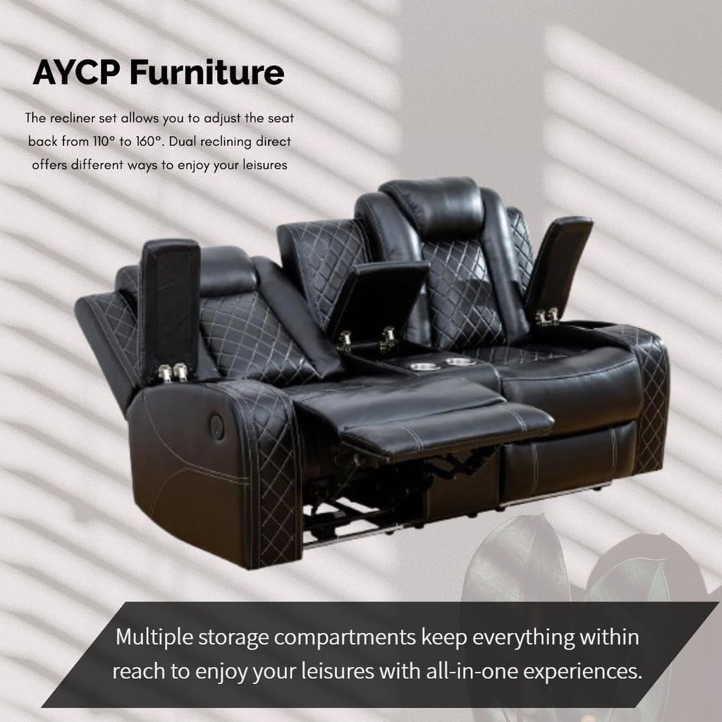 Power Recliner Set with LED Lights, Air Leather Reclining Set with USB Port/Wireless Charger/Storage Console/Cup Holder for House/HomeTheater/Apt (Black, Sofa Loveseat Chair)