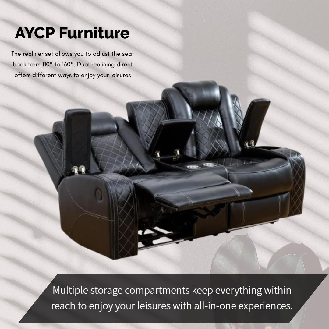 Power Recliner Set with LED Lights, Air Leather Reclining Set with USB Port/Wireless Charger/Storage Console/Cup Holder for House/HomeTheater/Apt (Black, Sofa Loveseat Chair)