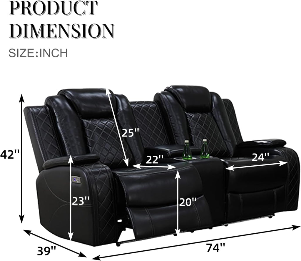 Power Recliner Set with LED Lights, Air Leather Reclining Set with USB Port/Wireless Charger/Storage Console/Cup Holder for House/HomeTheater/Apt (Black, Sofa Loveseat Chair)