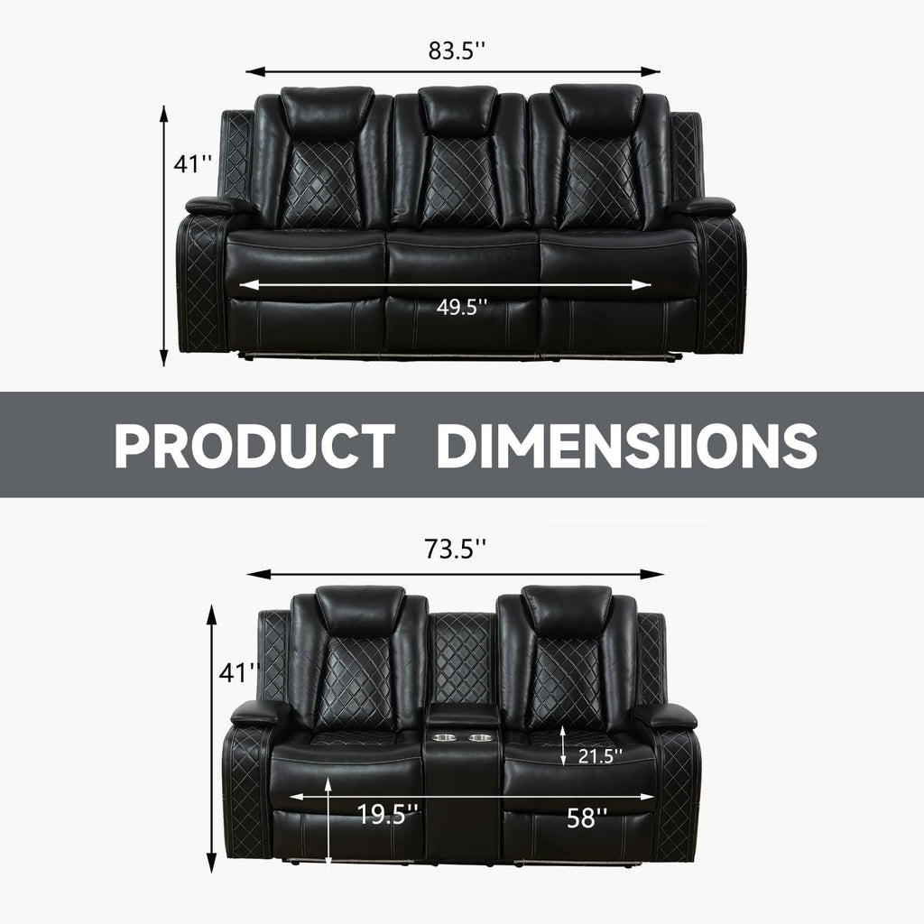 Power Recliner Set with LED Lights, Air Leather Reclining Set with USB Port/Wireless Charger/Storage Console/Cup Holder for House/HomeTheater/Apt (Black, Sofa Loveseat Chair)
