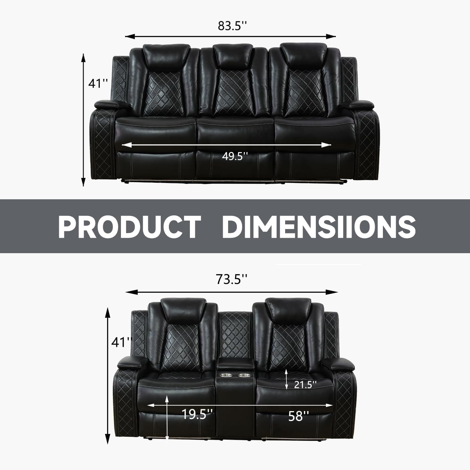 Power Recliner Set with LED Lights, Air Leather Reclining Set with USB Port/Wireless Charger/Storage Console/Cup Holder for House/HomeTheater/Apt (Black, Sofa Loveseat Chair)