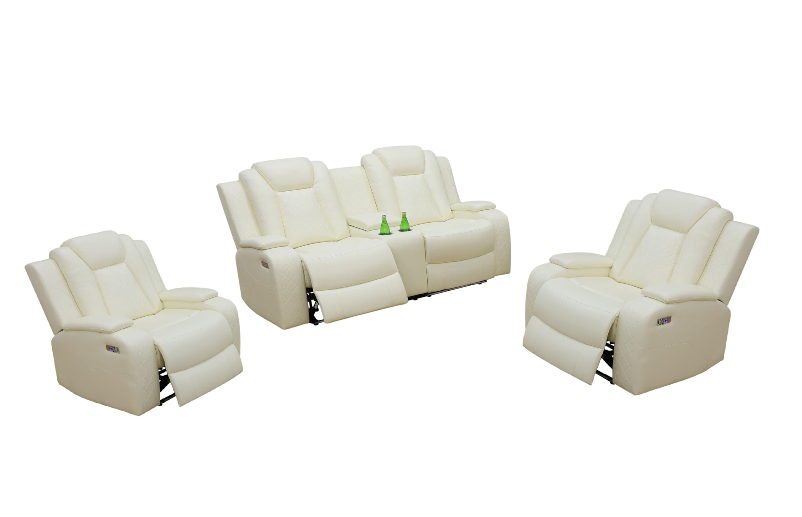 Power Recliner Set with LED Lights, Air Leather Reclining Set with USB Port/Wireless Charger/Storage Console/Cup Holder for House/HomeTheater/Apt (Black, Sofa Loveseat Chair)