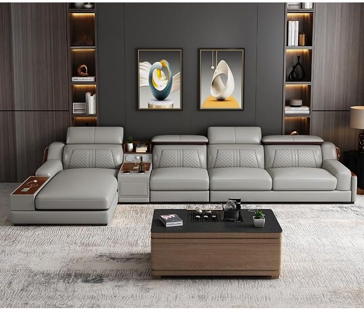 Modern Living Room Sofa Set, 5 Piece L-Shaped Corner Leather Sofa, Gray