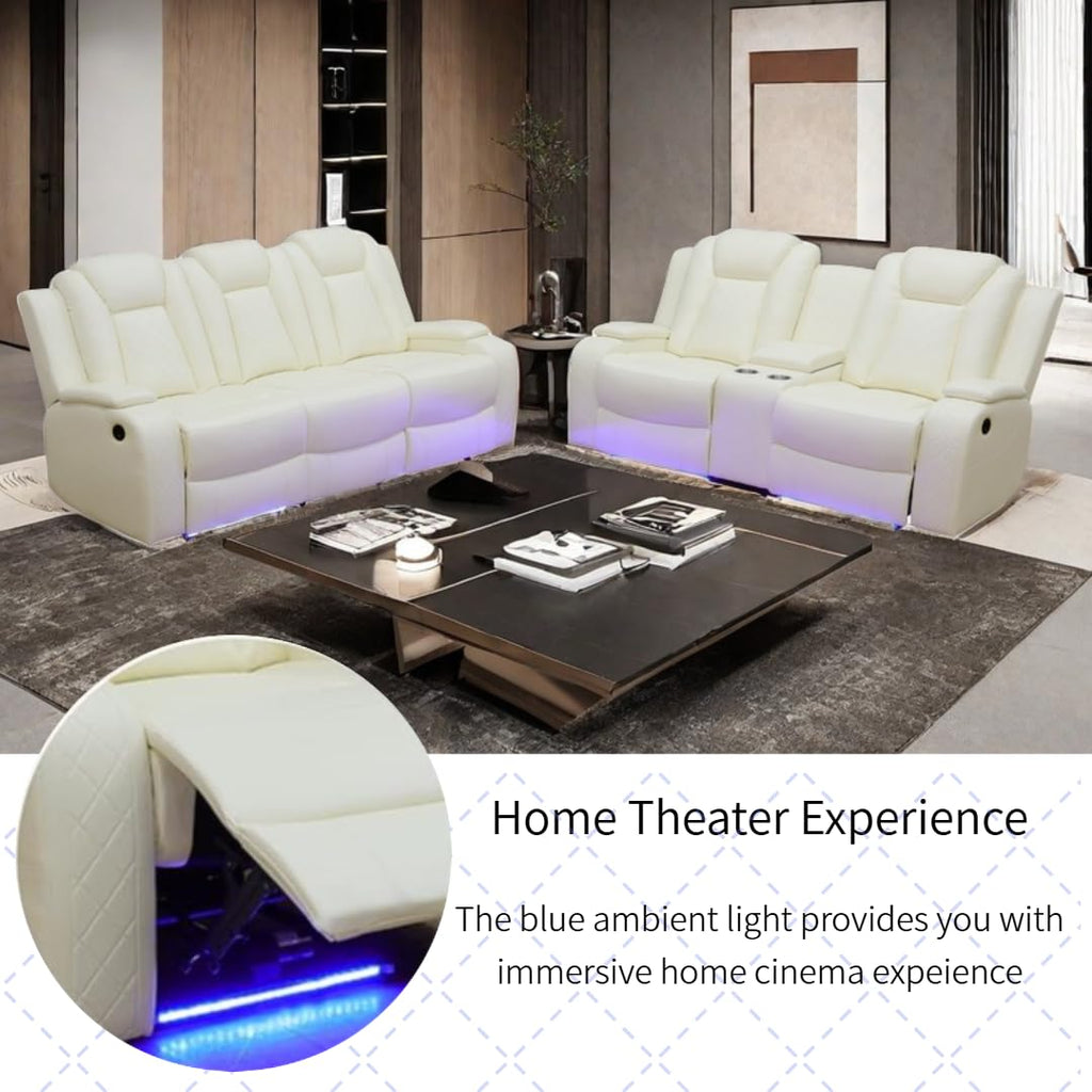Power Recliner Set with LED Lights, Air Leather Reclining Set with USB Port/Wireless Charger/Storage Console/Cup Holder for House/HomeTheater/Apt (Black, Sofa Loveseat Chair)