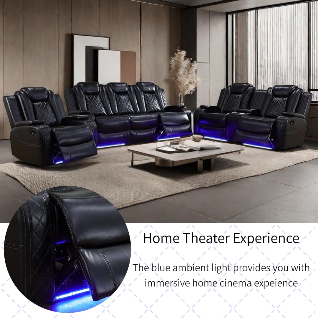 Power Recliner Set with LED Lights, Air Leather Reclining Set with USB Port/Wireless Charger/Storage Console/Cup Holder for House/HomeTheater/Apt (Black, Sofa Loveseat Chair)