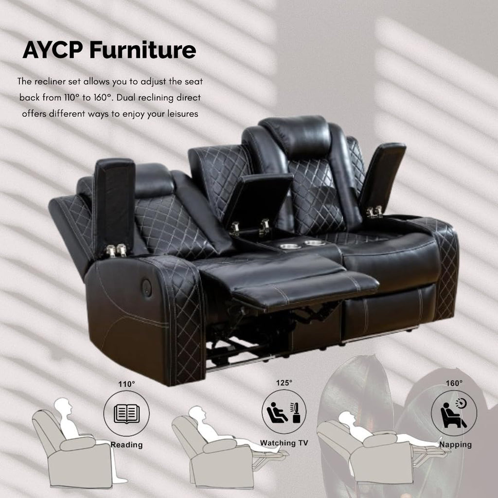 Power Recliner Set with LED Lights, Air Leather Reclining Set with USB Port/Wireless Charger/Storage Console/Cup Holder for House/HomeTheater/Apt (Black, Sofa Loveseat Chair)