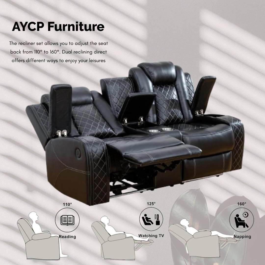 Power Recliner Set with LED Lights, Air Leather Reclining Set with USB Port/Wireless Charger/Storage Console/Cup Holder for House/HomeTheater/Apt (Black, Sofa Loveseat Chair)