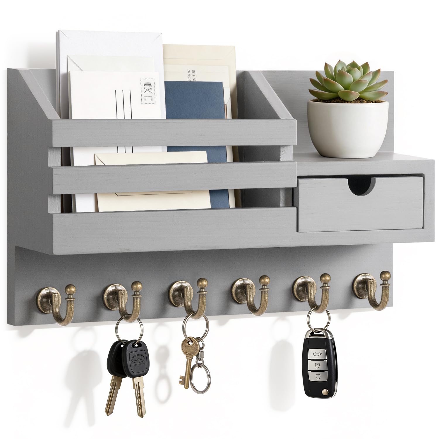 FifthQuarter Key and Mail Holder for Wall, Mail Organizer Wall Mount with 6 Hooks and Storage Drawer, Easy Installation Key Rack for Entryway and Home Decor (A-Black)