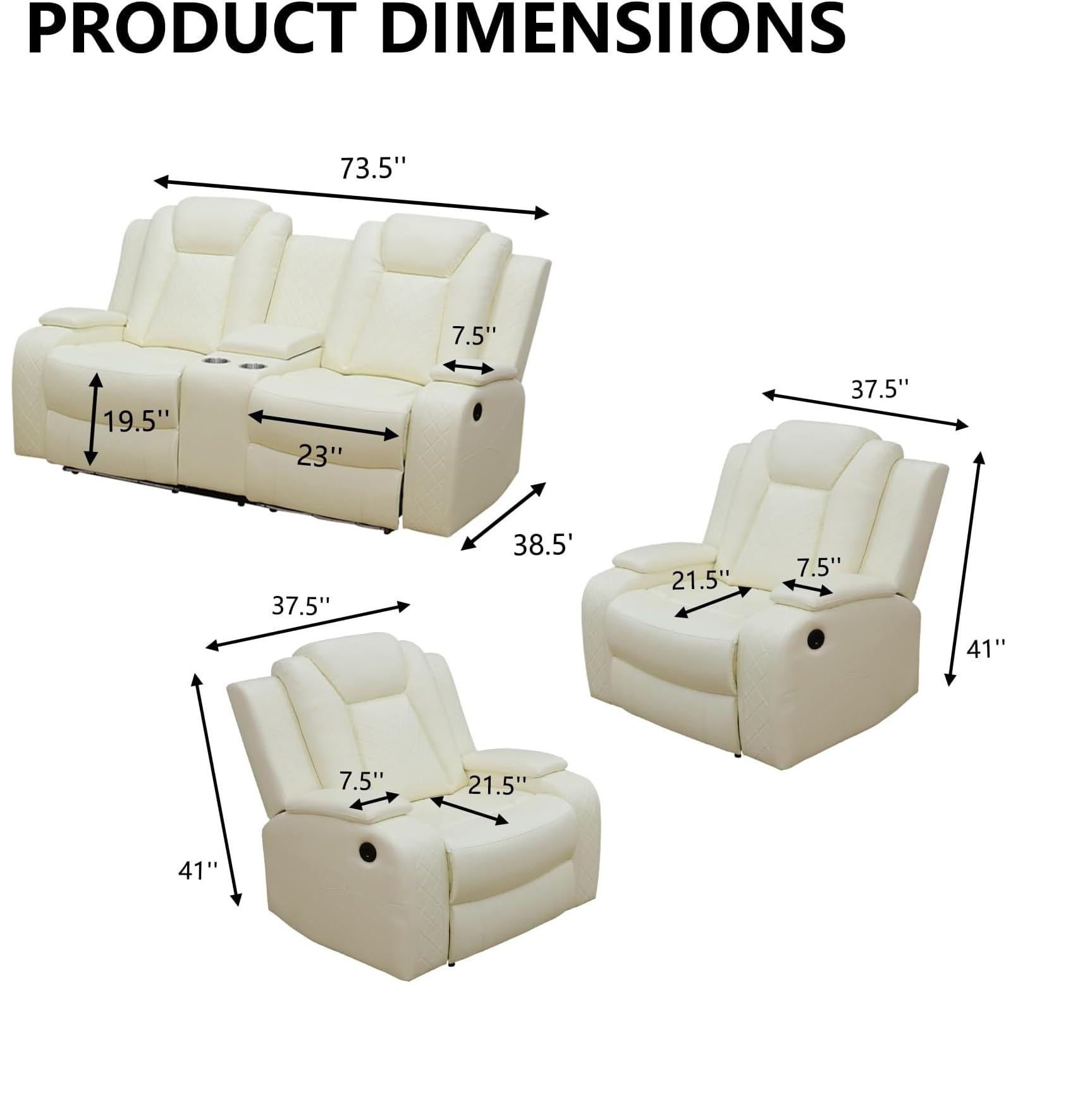 Power Recliner Set with LED Lights, Air Leather Reclining Set with USB Port/Wireless Charger/Storage Console/Cup Holder for House/HomeTheater/Apt (Black, Sofa Loveseat Chair)