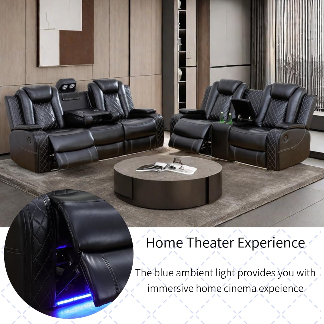 Power Recliner Set with LED Lights, Air Leather Reclining Set with USB Port/Wireless Charger/Storage Console/Cup Holder for House/HomeTheater/Apt (Black, Sofa Loveseat Chair)