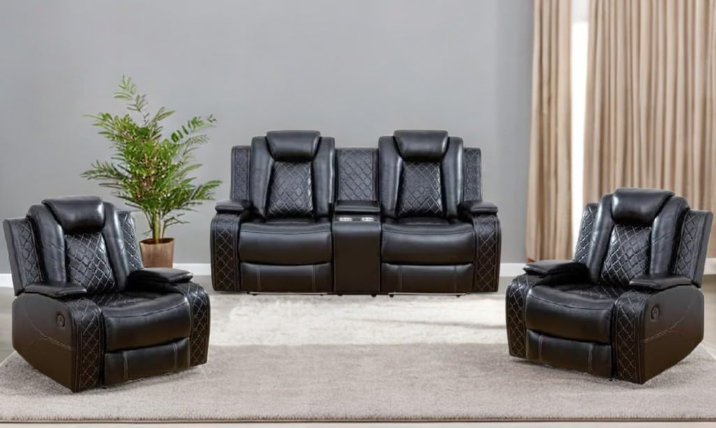Power Recliner Set with LED Lights, Air Leather Reclining Set with USB Port/Wireless Charger/Storage Console/Cup Holder for House/HomeTheater/Apt (Black, Sofa Loveseat Chair)
