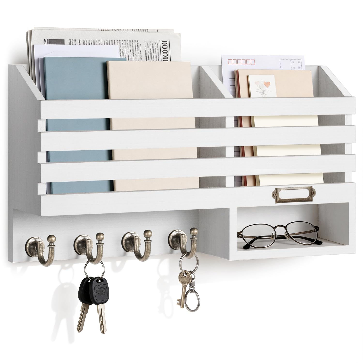 FifthQuarter Key and Mail Holder for Wall, Mail Organizer Wall Mount with 6 Hooks and Storage Drawer, Easy Installation Key Rack for Entryway and Home Decor (A-Black)