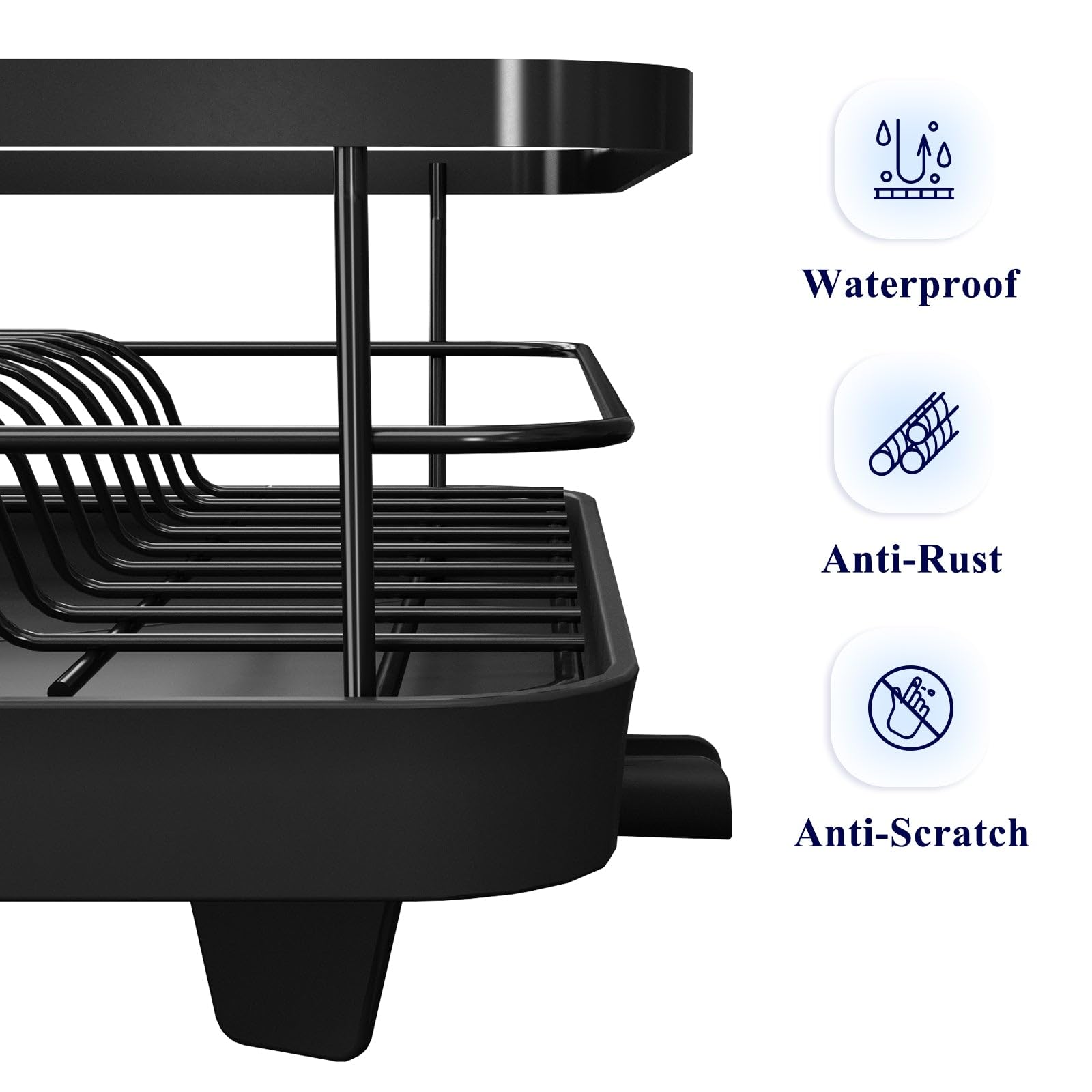 Kitsure Dish Drying Rack for Kitchen Counter, Stainless Steel Sink Organization and Storage Essentials with Cutlery Holder, Home and Appartment Decor, 12''W x 15.5''L, Black