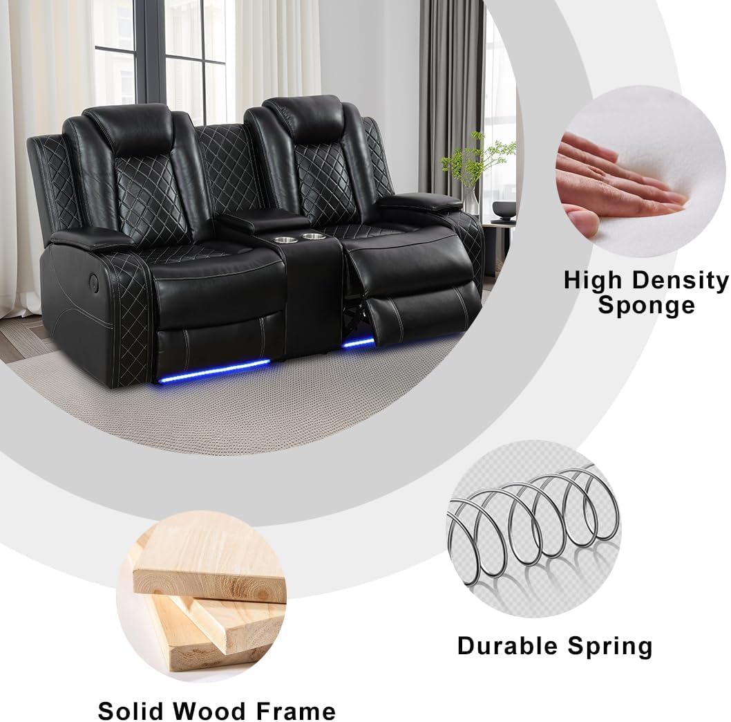Power Recliner Set with LED Lights, Air Leather Reclining Set with USB Port/Wireless Charger/Storage Console/Cup Holder for House/HomeTheater/Apt (Black, Sofa Loveseat Chair)