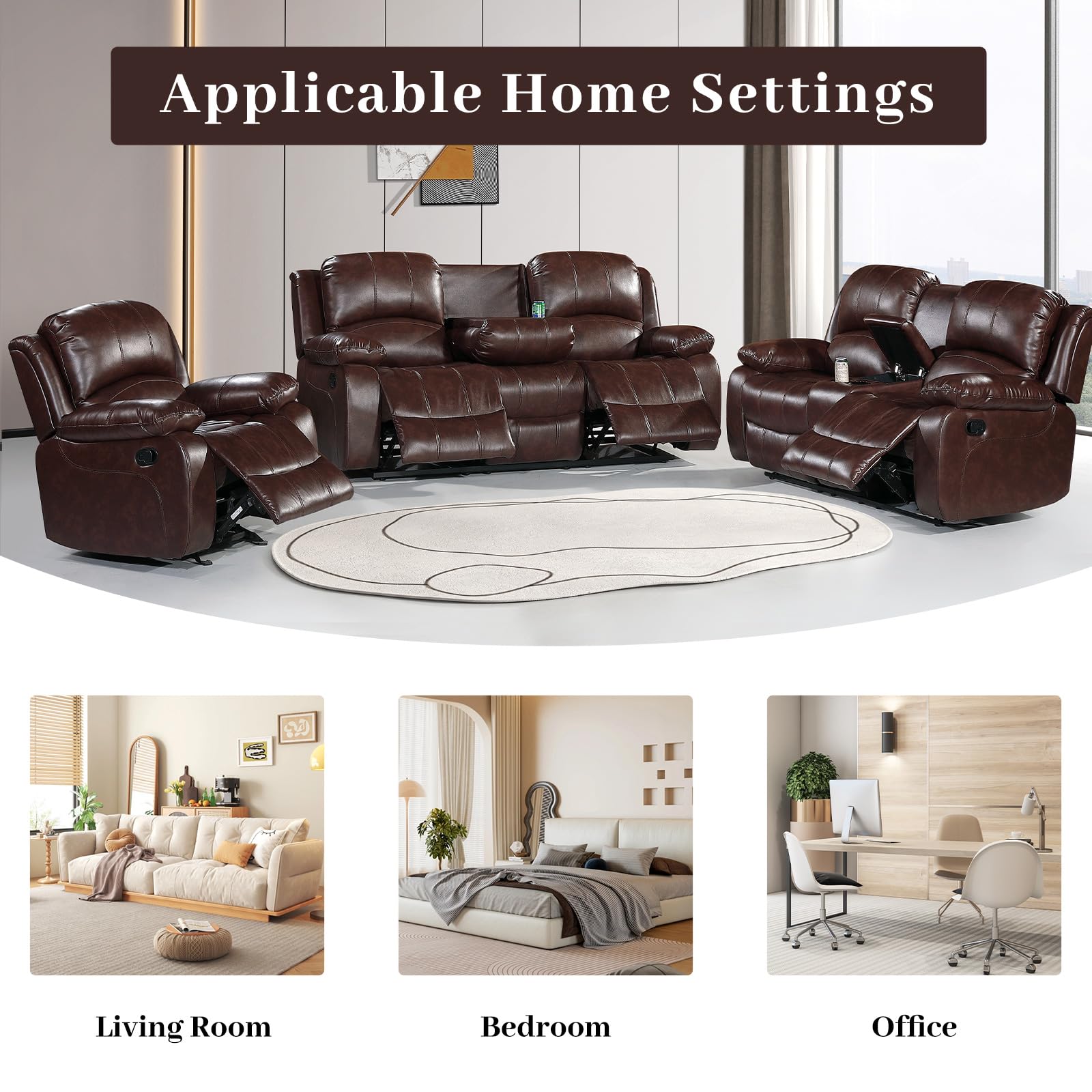 Betsy Furniture 3PC Faux Leather Reclining Couch Set, Living Room Furniture Set, Sofa, Loveseat, Glider, 8018 Multiple Colors (Gray, Sofa+Loveseat+Chair) | 8018