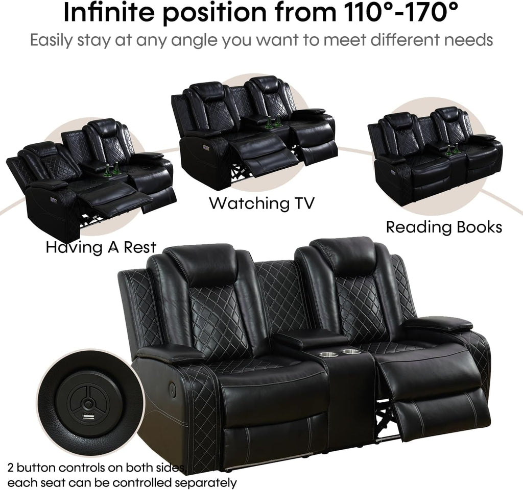 Power Recliner Set with LED Lights, Air Leather Reclining Set with USB Port/Wireless Charger/Storage Console/Cup Holder for House/HomeTheater/Apt (Black, Sofa Loveseat Chair)