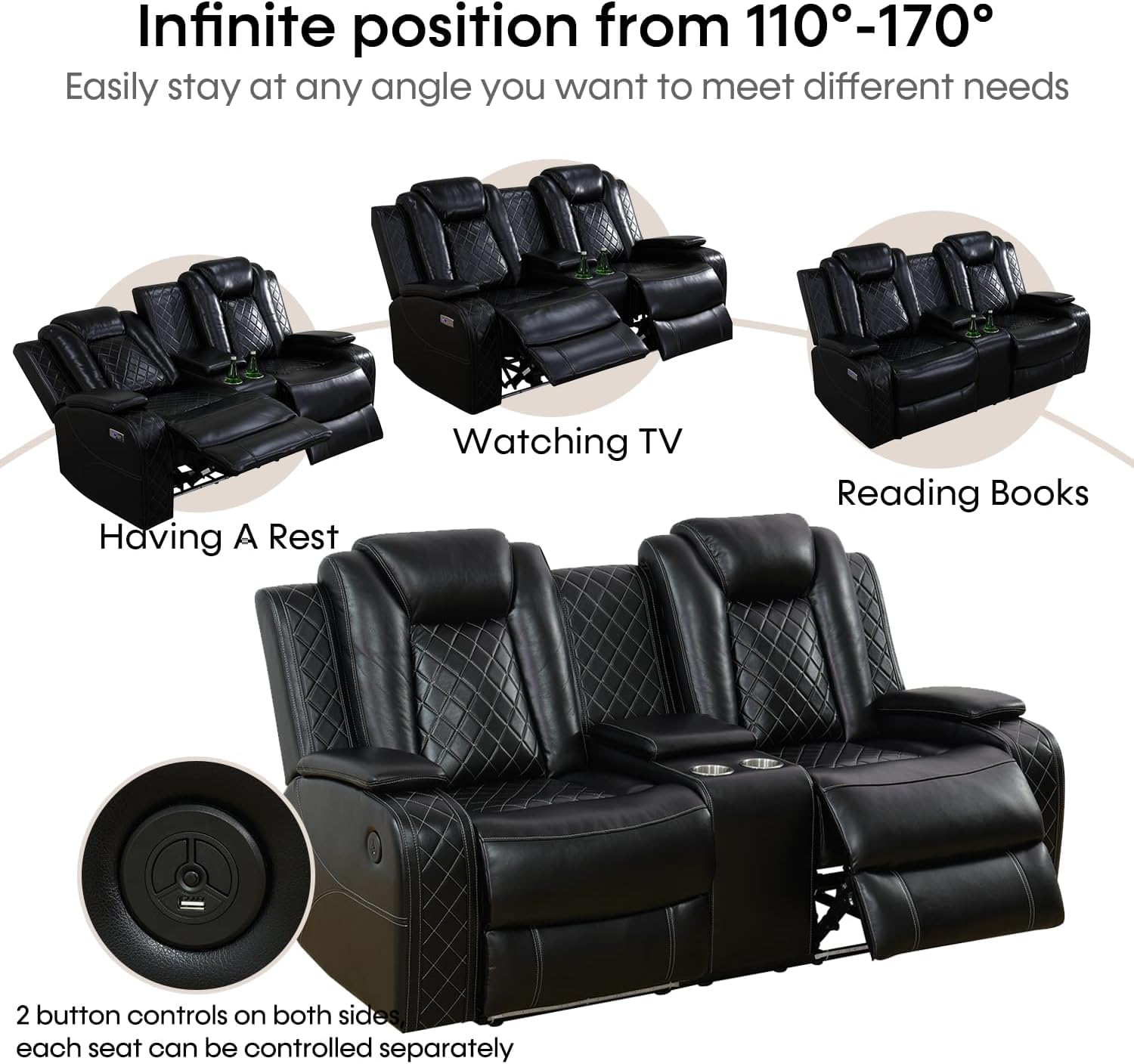Power Recliner Set with LED Lights, Air Leather Reclining Set with USB Port/Wireless Charger/Storage Console/Cup Holder for House/HomeTheater/Apt (Black, Sofa Loveseat Chair)