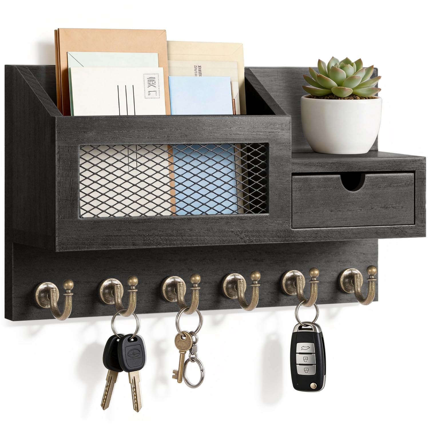 FifthQuarter Key and Mail Holder for Wall, Mail Organizer Wall Mount with 6 Hooks and Storage Drawer, Easy Installation Key Rack for Entryway and Home Decor (A-Black)