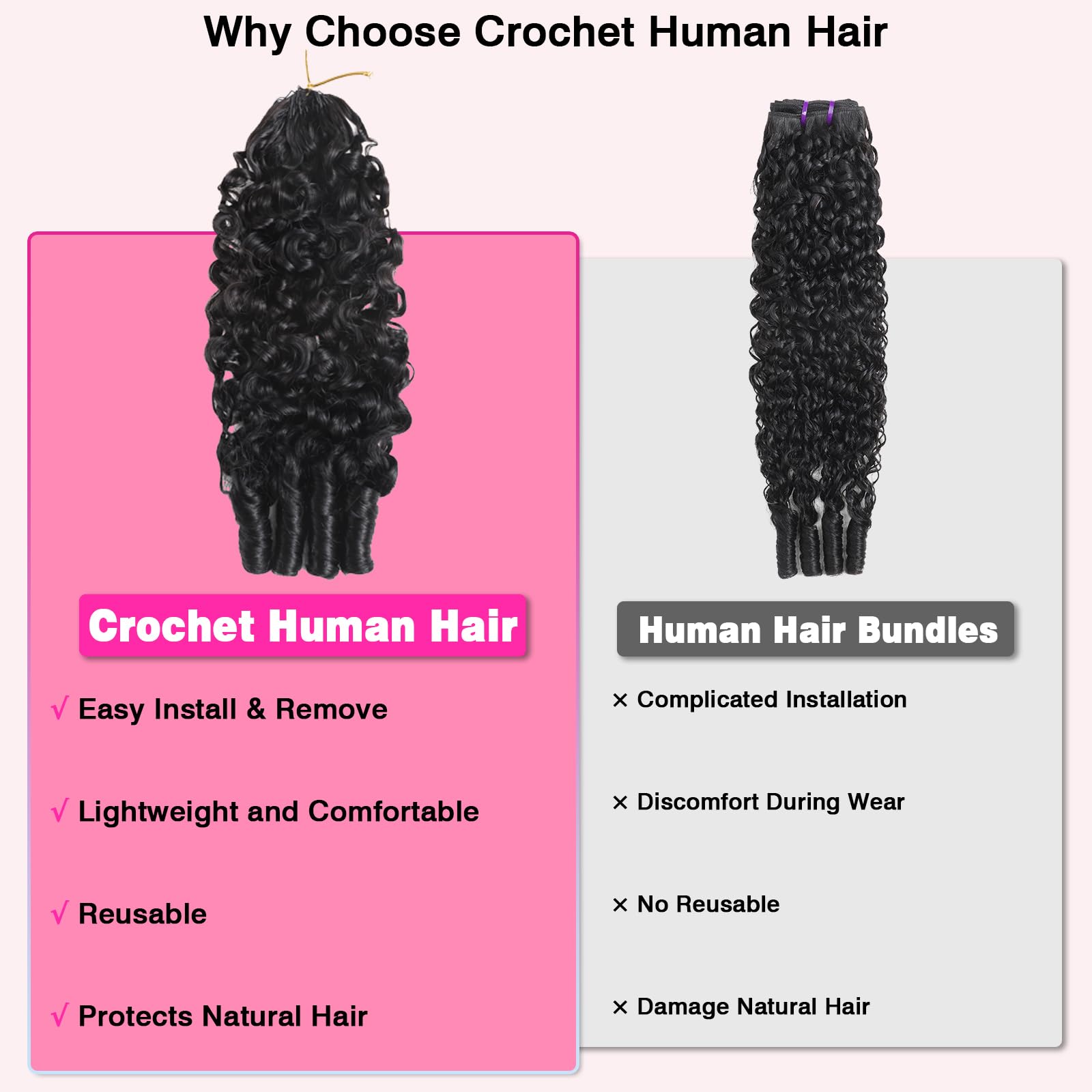 Beauty Queen Burmese Curly Crochet Human Hair 16inch 120g Knotless Pre-Separated Feather Human Crochet Hair Lightweight Reusable Remy Hair Extensions With Spiral Curl for Women Natural Black Color