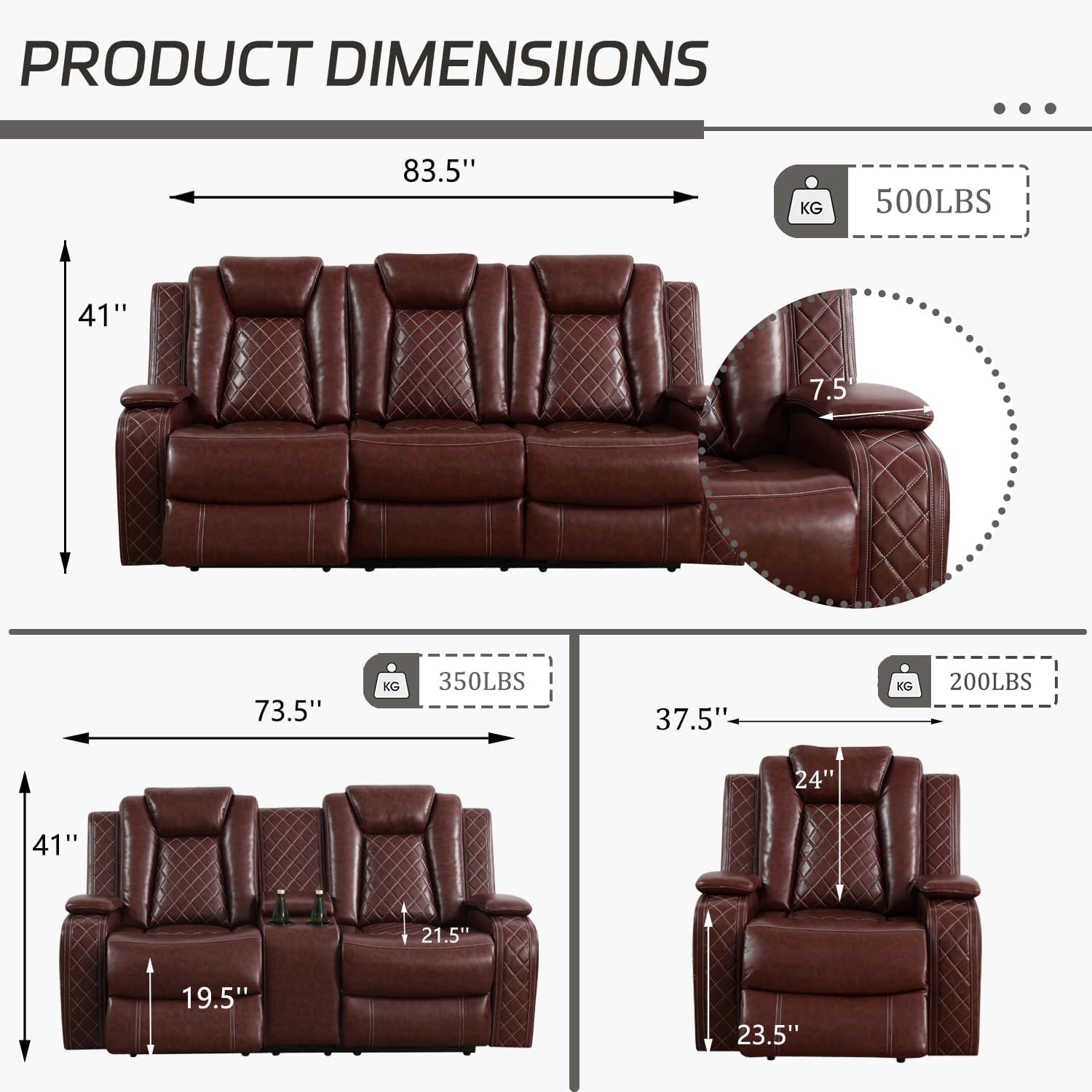 Power Recliner Set with LED Lights, Air Leather Reclining Set with USB Port/Wireless Charger/Storage Console/Cup Holder for House/HomeTheater/Apt (Black, Sofa Loveseat Chair)