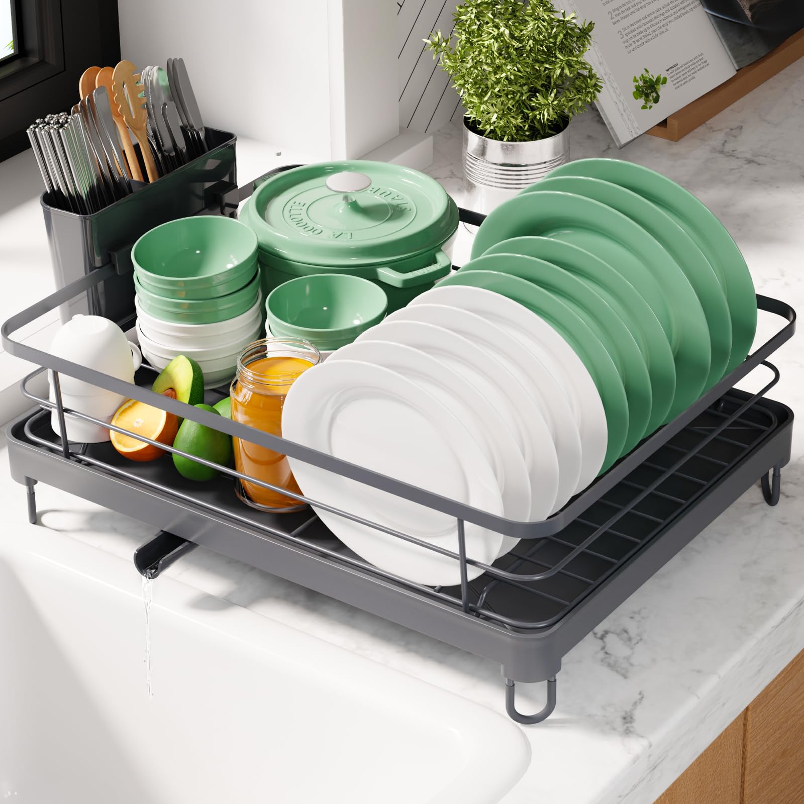 Kitsure Dish Drying Rack for Kitchen Counter, Stainless Steel Sink Organization and Storage Essentials with Cutlery Holder, Home and Appartment Decor, 12''W x 15.5''L, Black