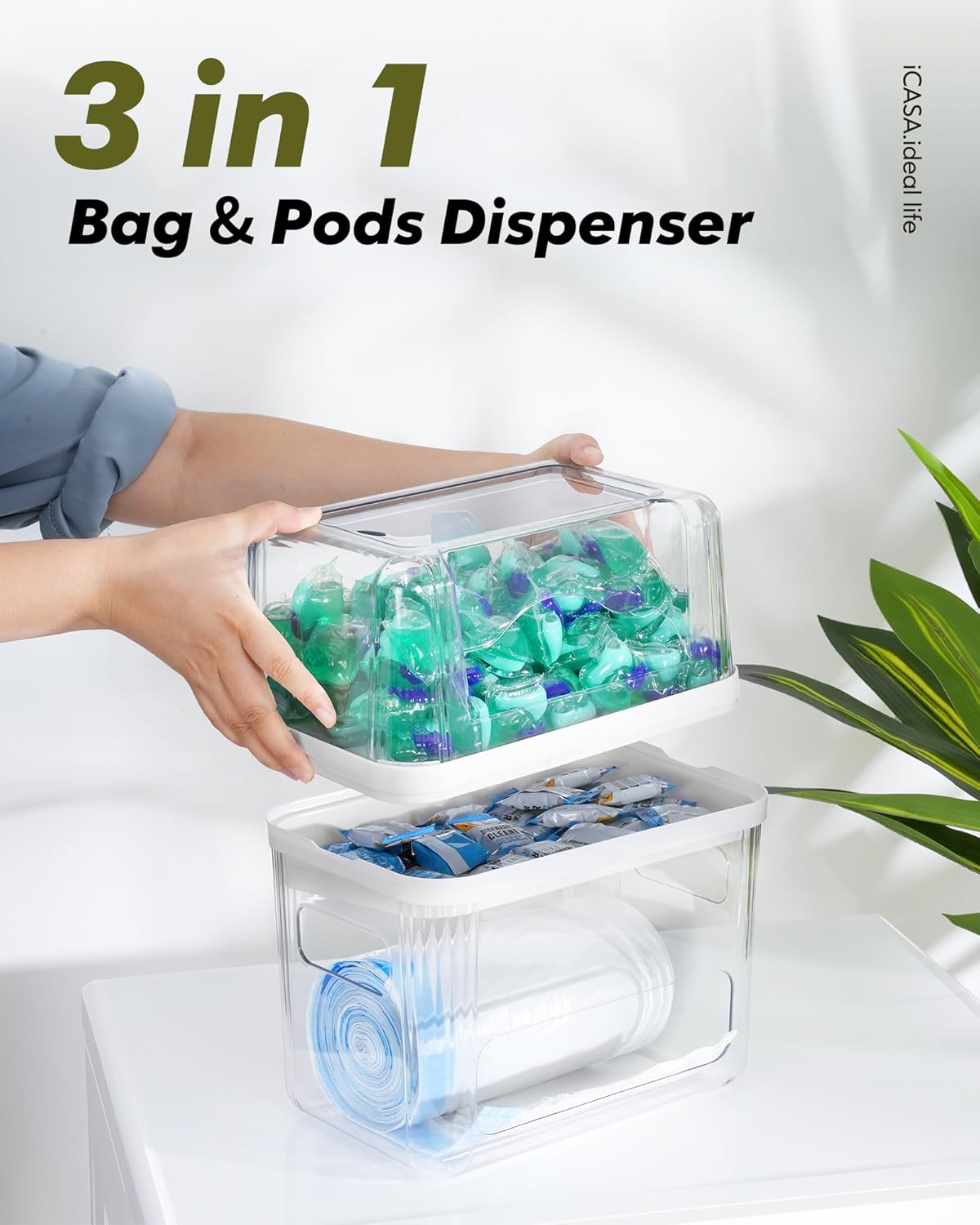 iCASA Trash Bag and Dishwasher Pod Dispenser - 3 in 1 Clear Storage Bins Holder for 13/30/33 Gallon Garbage Bags, Laundry Detergent Pods & Tabs, Under Sink Organizer for Kitchen and Laundry Room