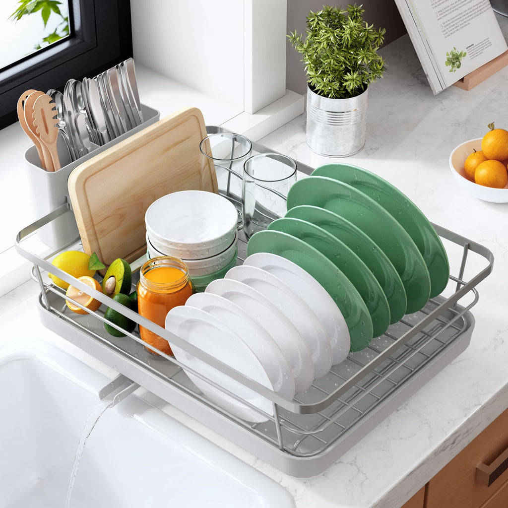 Kitsure Dish Drying Rack for Kitchen Counter, Stainless Steel Sink Organization and Storage Essentials with Cutlery Holder, Home and Appartment Decor, 12''W x 15.5''L, Black