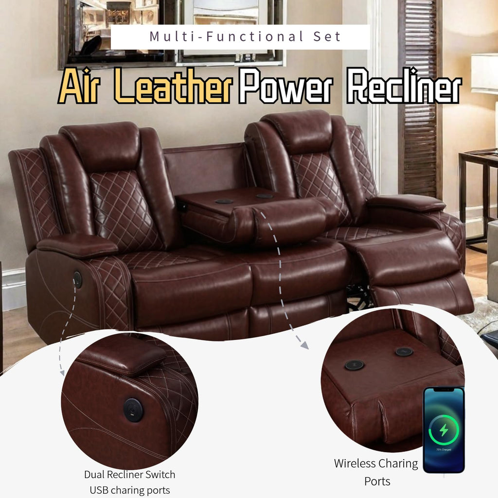Power Recliner Set with LED Lights, Air Leather Reclining Set with USB Port/Wireless Charger/Storage Console/Cup Holder for House/HomeTheater/Apt (Black, Sofa Loveseat Chair)