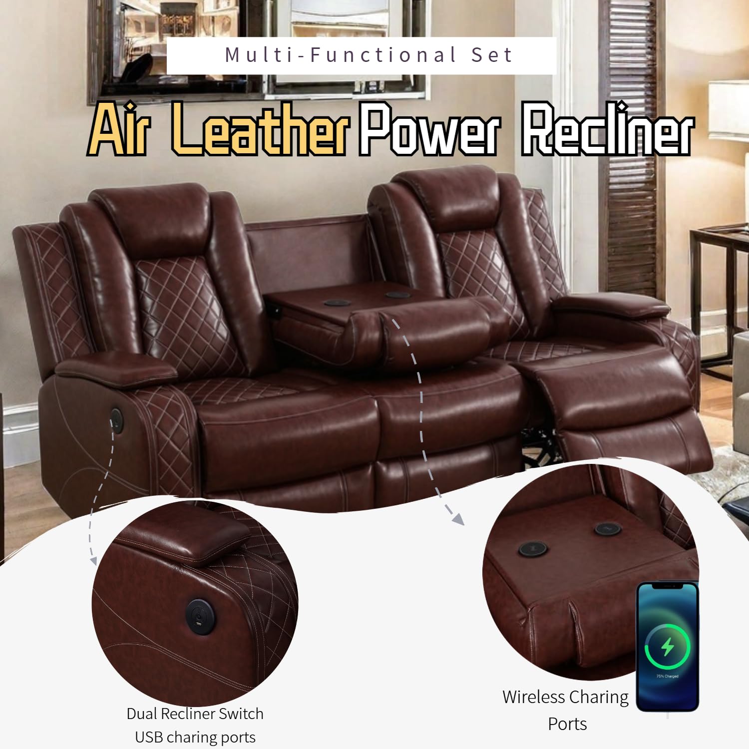 Power Recliner Set with LED Lights, Air Leather Reclining Set with USB Port/Wireless Charger/Storage Console/Cup Holder for House/HomeTheater/Apt (Black, Sofa Loveseat Chair)
