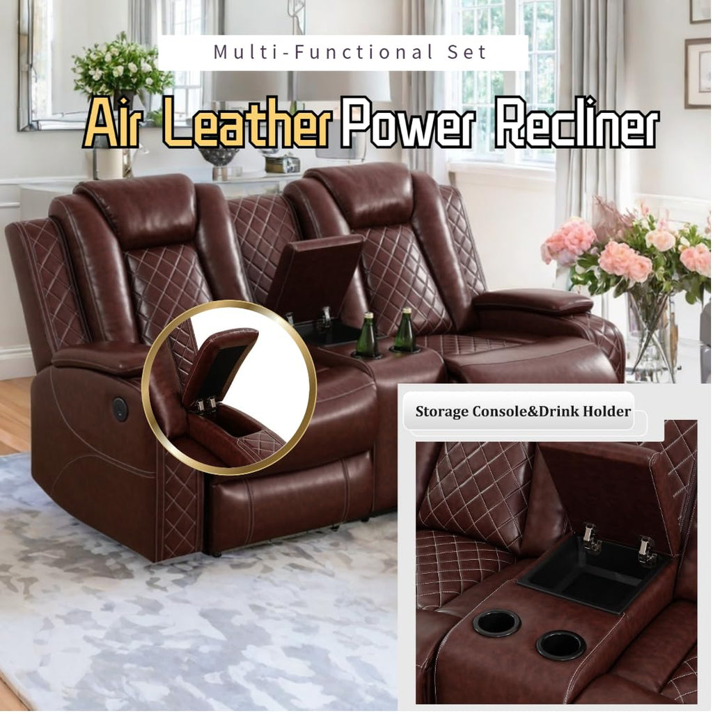 Power Recliner Set with LED Lights, Air Leather Reclining Set with USB Port/Wireless Charger/Storage Console/Cup Holder for House/HomeTheater/Apt (Black, Sofa Loveseat Chair)
