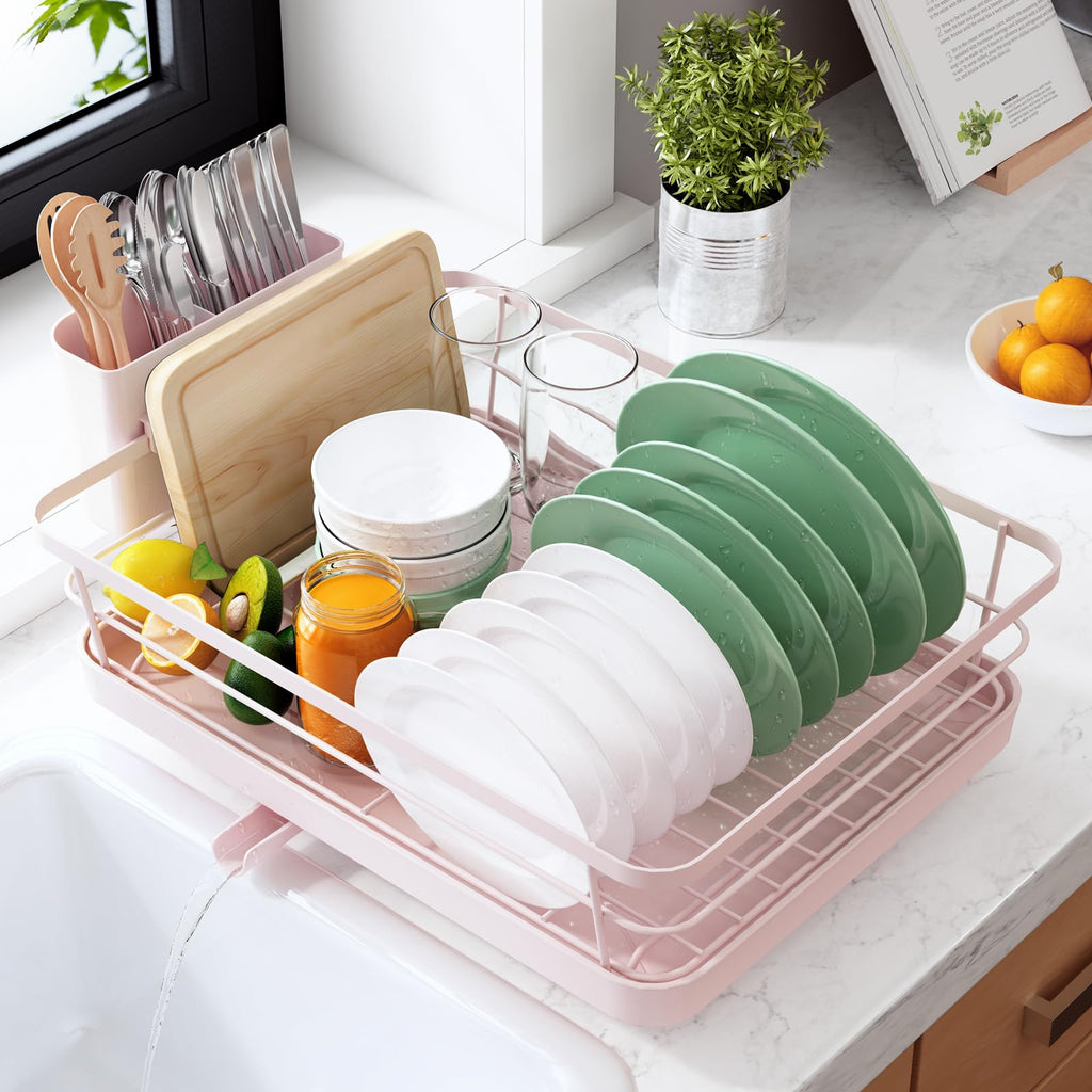 Kitsure Dish Drying Rack for Kitchen Counter, Stainless Steel Sink Organization and Storage Essentials with Cutlery Holder, Home and Appartment Decor, 12''W x 15.5''L, Black