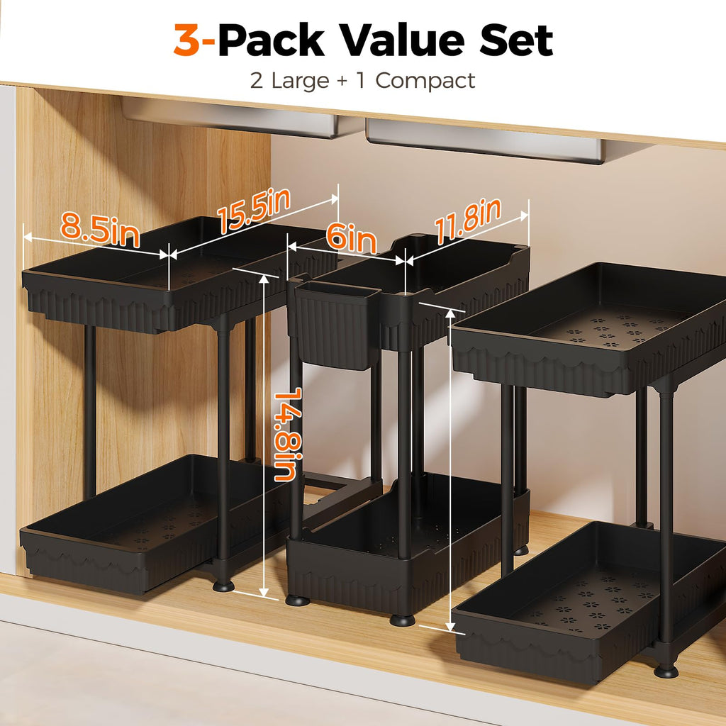 Sevenblue 3 Pack Under Sink Organizers,2-Tier Multi-Use Kitchen and Bathroom Organizers and Storage with Sliding Drawers,Bathroom Cabinet Organizer (Black, 12.8 Inch)