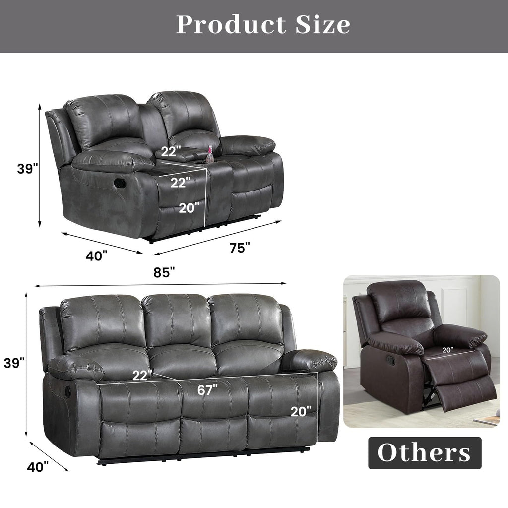 Betsy Furniture 3PC Faux Leather Reclining Couch Set, Living Room Furniture Set, Sofa, Loveseat, Glider, 8018 Multiple Colors (Gray, Sofa+Loveseat+Chair) | 8018