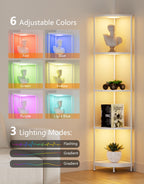 Corner Shelf with RGBCW LED Light, 64.5” Tall Floor Lamp Narrow Bookshelf Organizer, Standing Shelves with Metal Pole, Display Storage Rack for Wall Corner, Living Room, Bedroom, Office Décor, Black